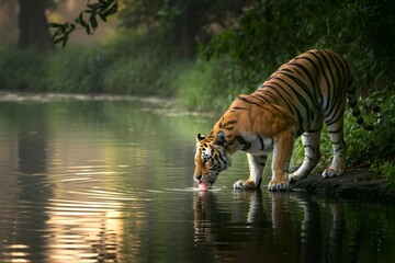 Majestic tiger drinks water peacefully at river edge, bathed in soft light near a tranquil green forest