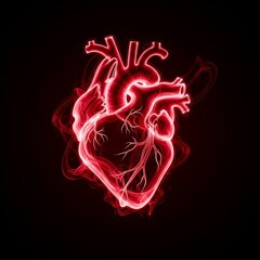 A glowing red anatomical heart floats against a dark, smoky background.