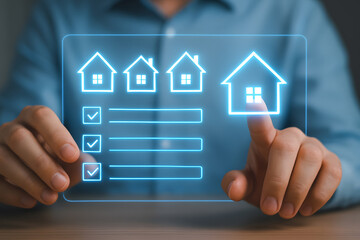 Man selecting house on digital screen for real estate investment