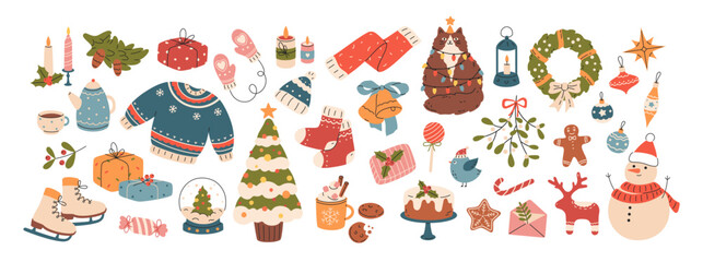 Colorful set of Christmas and New Year elements. Traditional winter stickers and festive decorations. Hand drawn Christmas tree, wreath, mistletoe, candles, clothes and other. Cartoon design