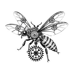 Black and White Steampunk Bee Vector Illustration with Mechanical Gears and Cogs
