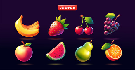 Fruit slot machine featuring bananas, strawberries, cherries, grapes, peaches, watermelons, pears, and oranges. 3D vector. Suitable for business, gaming, and design elements