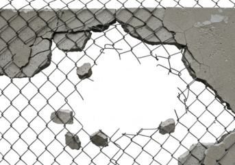 A section of a chainlink fence with a hole in the concrete barrier, isolated on a transparent background