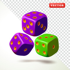 Purple and green dice flying, 3D vector. Suitable for business, games, and design elements