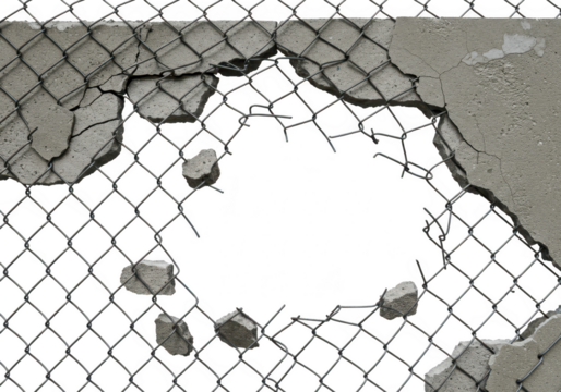 A section of a chainlink fence with a hole in the concrete barrier, isolated on a transparent background