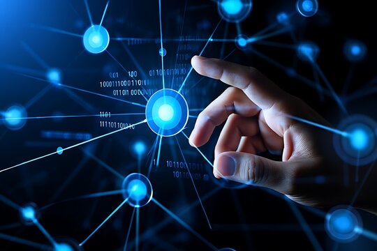 A human finger interacts with a glowing blue digital network of interconnected nodes and binary code representing data flow and technological advancement