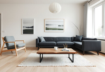 Modern minimalist living room interior:  dark grey sectional sofa, light wood coffee table, neutral rug, and calming landscape art.