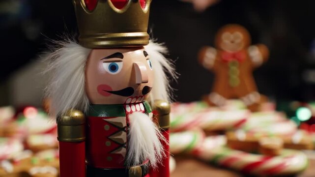 Christmas nutcracker figurine with gingerbread cookies in the background
