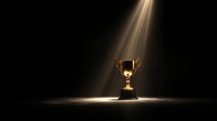 Golden trophy gleaming under dramatic spotlight on dark stage