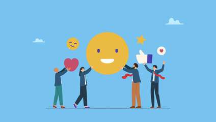 Business people with satisfaction and joy emojis in their hands. Symbolizes workplace happiness or success team motivation, employee engagement or participation, feedback or company survey.