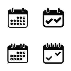 Four Black Calendar Icons Set on White Background Two Icons Display Checkmarks Representing Completed Tasks Two Icons Show Calendars with Checkmarks Indicating Scheduled Events
