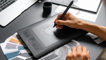 Artist using digital graphics tablet for creative design work, with color swatches and computer laptop.