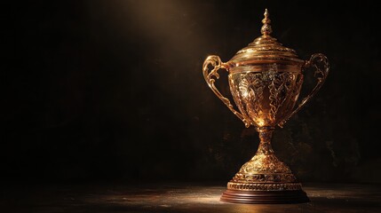 Ornate golden trophy gleaming under dramatic spotlight on dark background