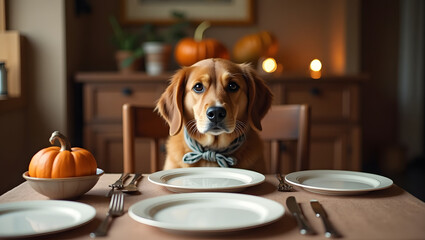 Adorable dog wearing a bow tie sits upright at formal dining table set with plates and roasted food creating a humorous contrast of pet in a human setting during festive meal time
