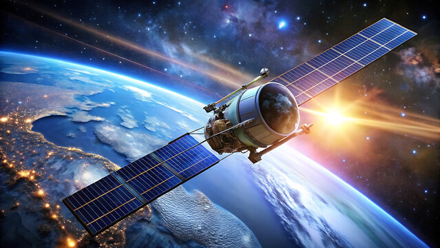 advanced satellite orbiting planet with solar wings
