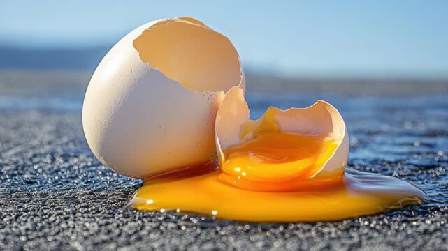 A cracked eggshell sits atop a sandy beach, awaiting cleanup