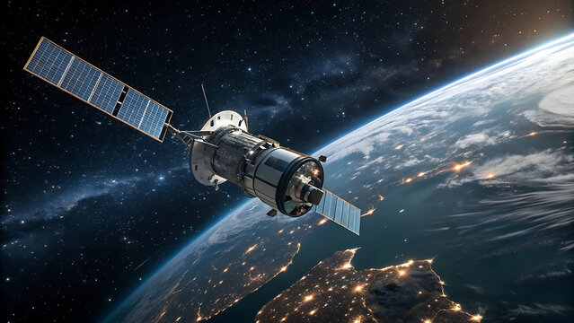modern satellite orbiting earth night lights