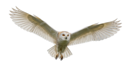 Barn owl flying with wings spread isolated on transparent background