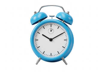 A blue vintage twin bell alarm clock showing the time, isolated on a transparent background