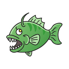 Cartoon green fish with big teeth illustration for kids drawing and educational resources vector art