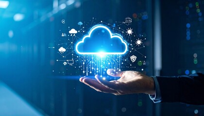 Cloud Computing Solution Hand holding digital cloud icon for data management and storage in technology server room