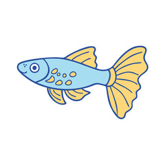 Illustration of a cute guppy fish drawing for kids and beginners with blue and yellow color