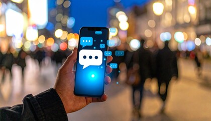 Mobile Communication Smartphone display screen with speech bubbles for messaging services in an urban setting at night.
