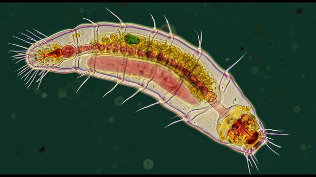 Close-up of parasitic micro worm (Trichinella spiralis) embedded in muscle tissue, coiled in a cyst under polarized light