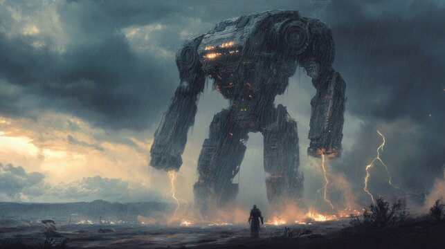 Giant mech in a post apocalyptic landscape with stormy weather