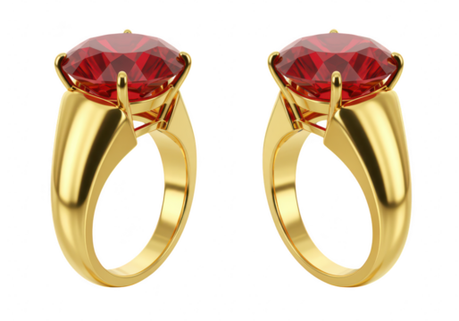A pair of luxurious gold rings, each adorned with a large, brilliantcut ruby, isolated on a transparent background
