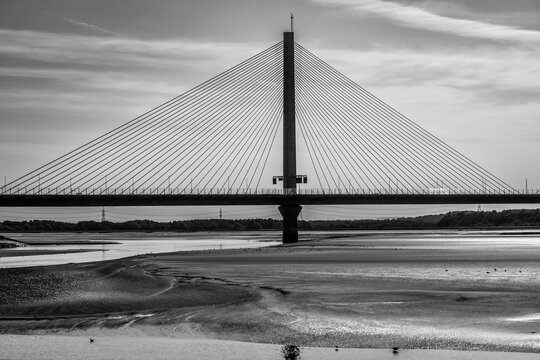 Black and white view of the Mersey Gateway Bridge at low tide on River Mersey