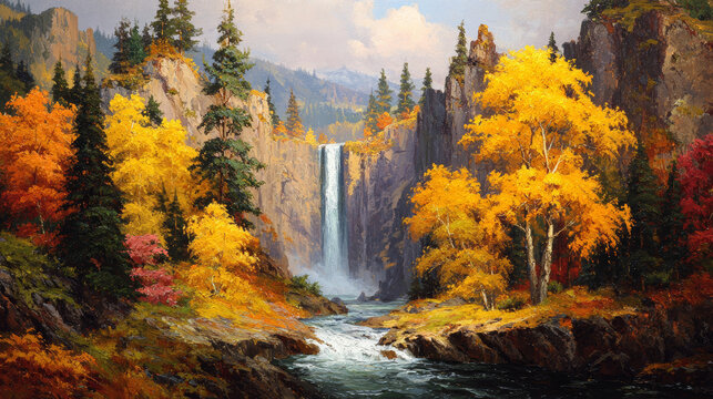 Set among vivid autumn trees, a mighty waterfall roars down a cliff in a vintage-style painting of seasonal wilderness