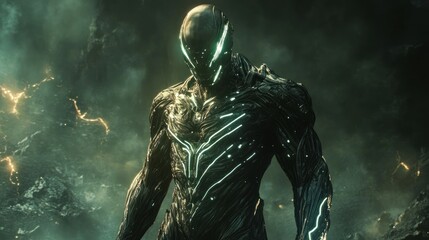 Powerful futuristic character in advanced cybernetic armor