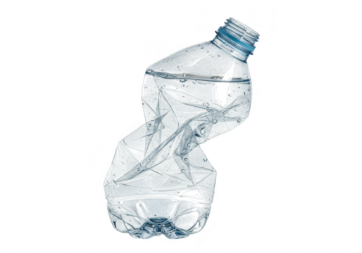 A crushed clear plastic water bottle filled with liquid, isolated on a transparent background