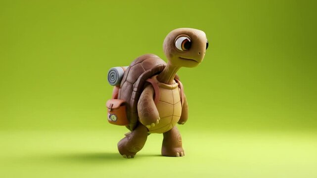 Animated Turtle Character Standing with Backpack on Green Background
