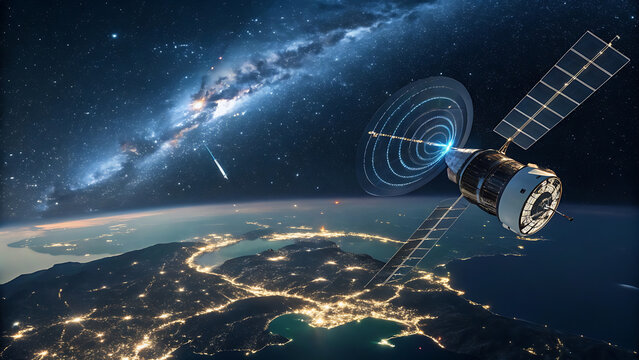futuristic communication satellite over earth view