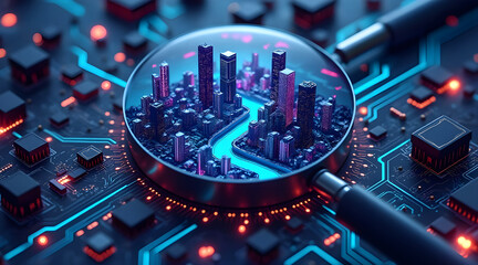 Magnifying glass examining a futuristic cityscape with glowing blue circuit board pathways and illuminated components
