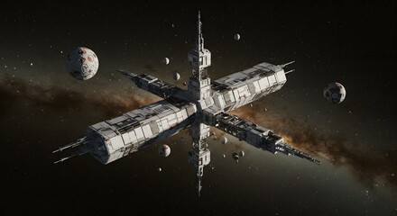 Futuristic Space Station Orbiting Planets in a Cosmic Expanse with an Array of Stars in Background