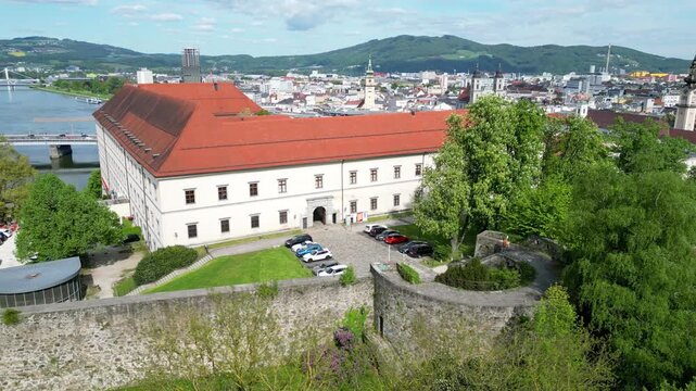 Schlosspark And Schlossmuseum Linz At Linz Castle In Austria. - aerial shot