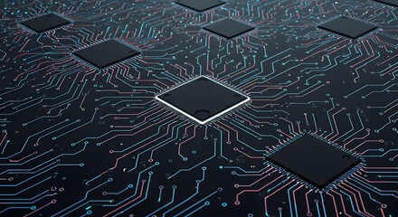 Abstract Circuit Board Design with Geometric Shapes and Colorful Connections in a Digital Environment