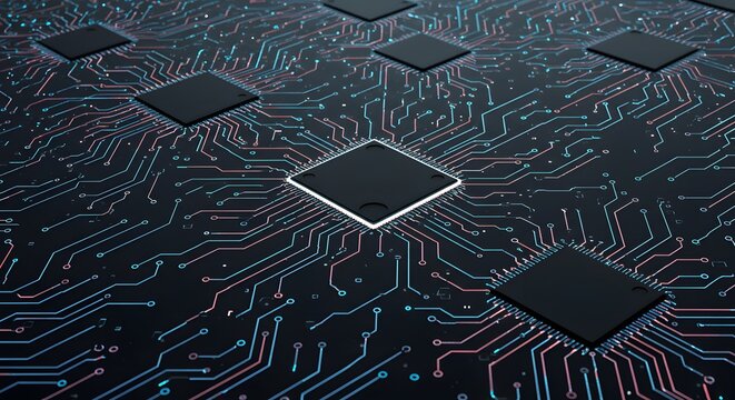 Abstract Circuit Board Design with Geometric Shapes and Colorful Connections in a Digital Environment