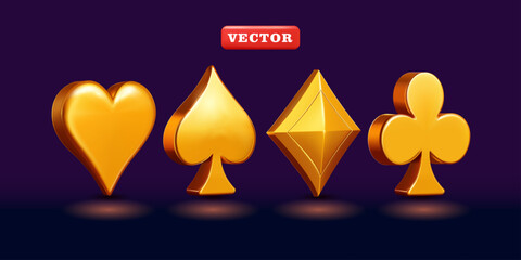 Ace of spades playing card symbols are clubs, diamonds, spades, and hearts in shiny gold. 3d vector, Suitable for business, gaming, and design elements