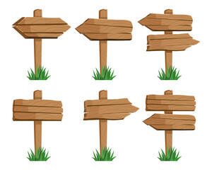 Set of six rustic wooden signposts with grass, perfect for outdoor, nature, and adventure-themed projects.