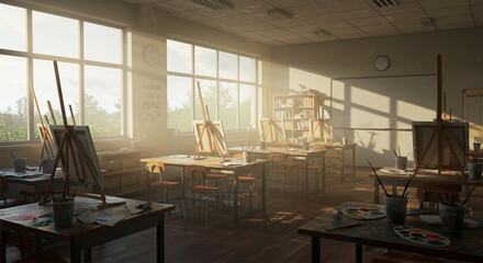 Sunlit art classroom with easels, canvases, and art supplies, bathed in morning light.