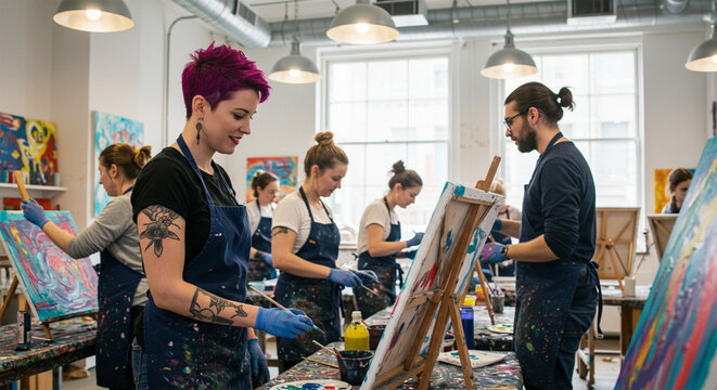 A painting class in progress, students focused on their canvases, vibrant colors.