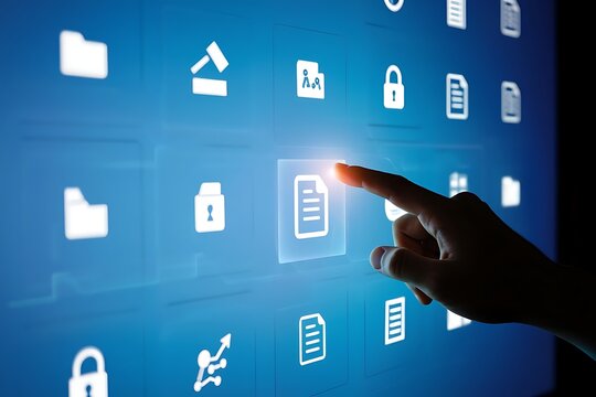 A human finger presses a glowing icon representing a document on a futuristic digital interface with various white icons on a blue background