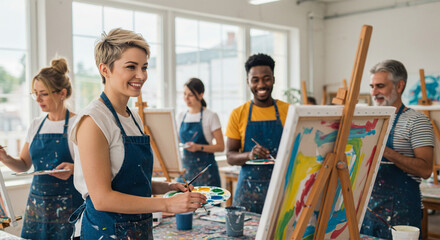Happy adults painting together in a bright art studio.
