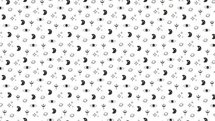 Seamless pattern featuring celestial elements like moons stars planets and mystical eyes art