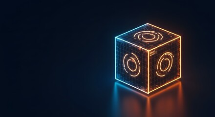 Obraz premium Futuristic 3D Geometric Cube with Neon Blue and Orange Glow on a Dark Reflective Surface