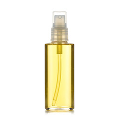 Clear glass bottle containing yellow liquid with spray nozzle  